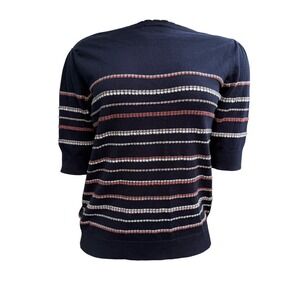 RW+CO Navy Blue Striped Knit Top Puff Sleeve Preppy Parisian Coastal Sweater M